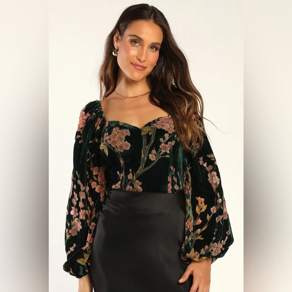 Lulus Luxe Romance Emerald Velvet Floral Burnout Long Sleeve Bodysuit - Picture 1 of 8